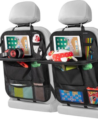 LUCMO Car Backseat Organizer with Foldable Tablet Holder, Black | 2 Pcs,6 Storage Pockets,Foldable Food Tray,Protectors Kick Mats,Travel Accessories,Seat Cover,Road Trip Essentials
