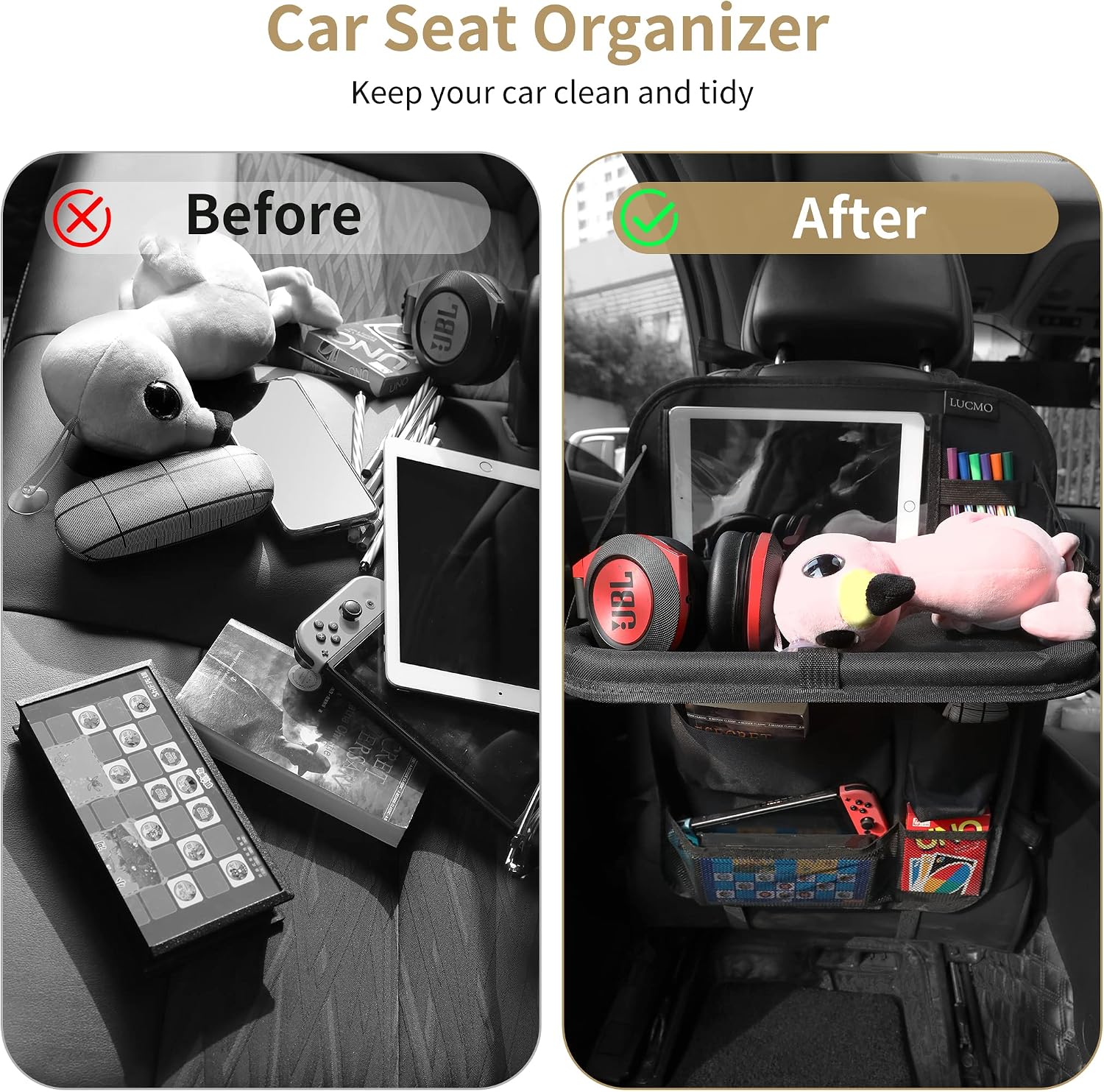 LUCMO Car Backseat Organizer with Foldable Tablet Holder, Black | 2 Pcs,6 Storage Pockets,Foldable Food Tray,Protectors Kick Mats,Travel Accessories,Seat Cover,Road Trip Essentials - Image 2