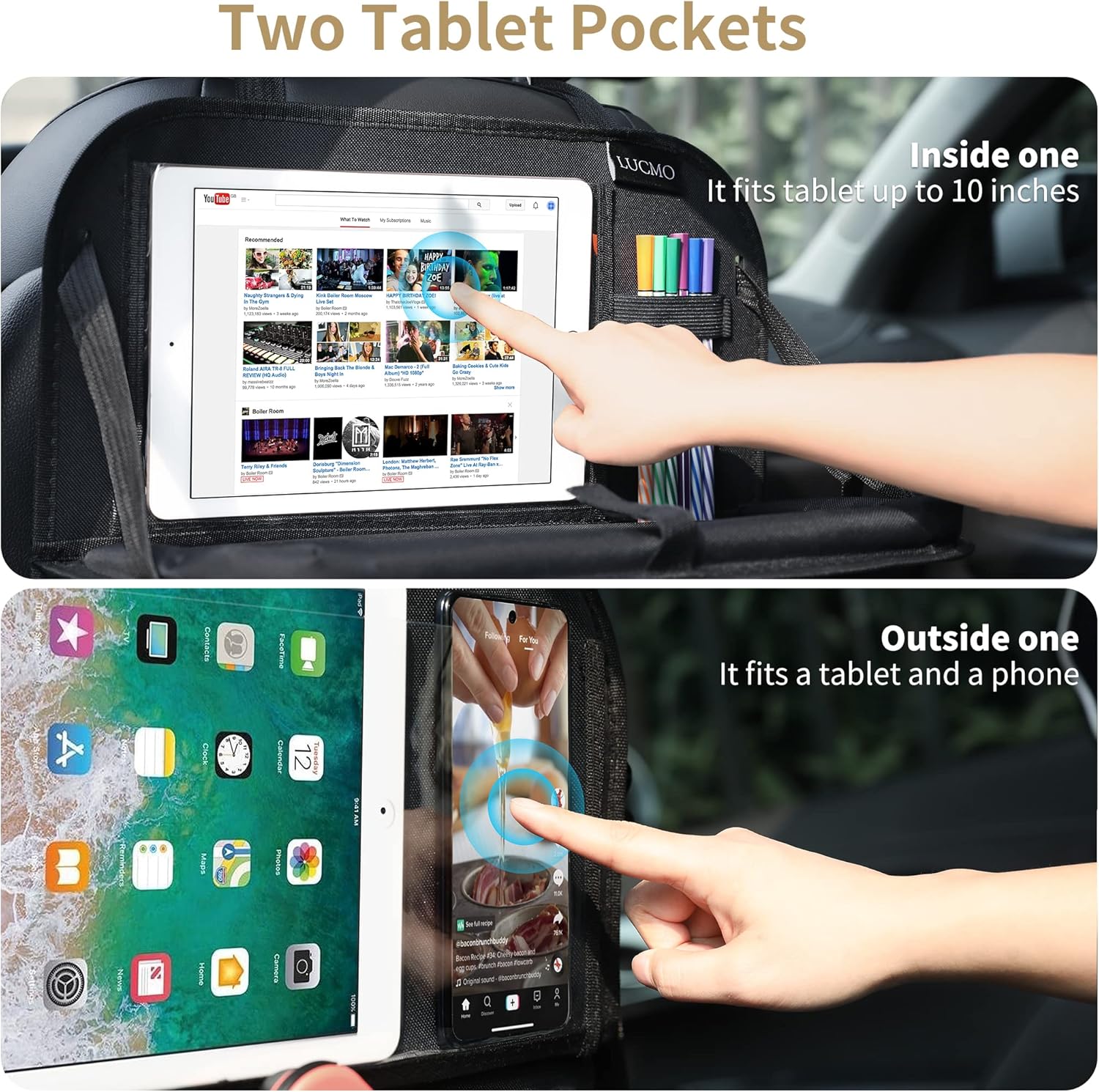 LUCMO Car Backseat Organizer with Foldable Tablet Holder, Black | 2 Pcs,6 Storage Pockets,Foldable Food Tray,Protectors Kick Mats,Travel Accessories,Seat Cover,Road Trip Essentials - Image 5