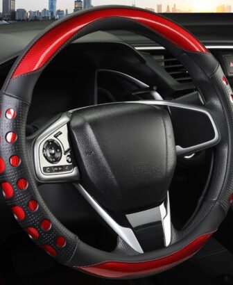 PU Leather Car Steering Wheel Cover with Anti-Slip Grip, for Women and Men, Universal Fit for 14.5-15 Inch Cars, Trucks, SUVs (Red (Round), Medium(Standard) Size[14 1/2''-15''])