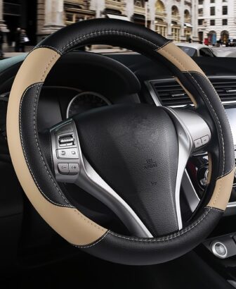 Leather Car Steering Wheel Cover, Non-Slip Car Wheel Cover Protector Breathable Microfiber Leather Universal Fit for Most Cars(Beige)