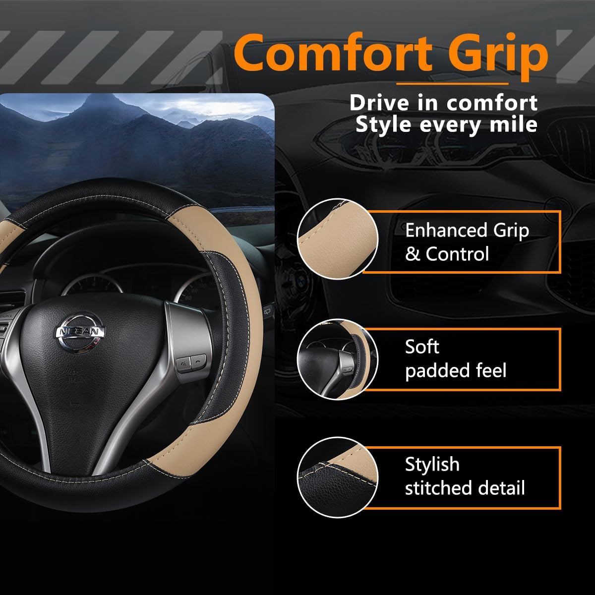 Leather Car Steering Wheel Cover, Non-Slip Car Wheel Cover Protector Breathable Microfiber Leather Universal Fit for Most Cars(Beige) - Image 2