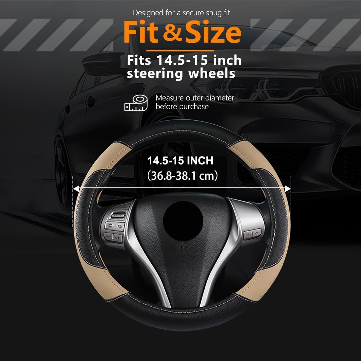 Leather Car Steering Wheel Cover, Non-Slip Car Wheel Cover Protector Breathable Microfiber Leather Universal Fit for Most Cars(Beige) - Image 3
