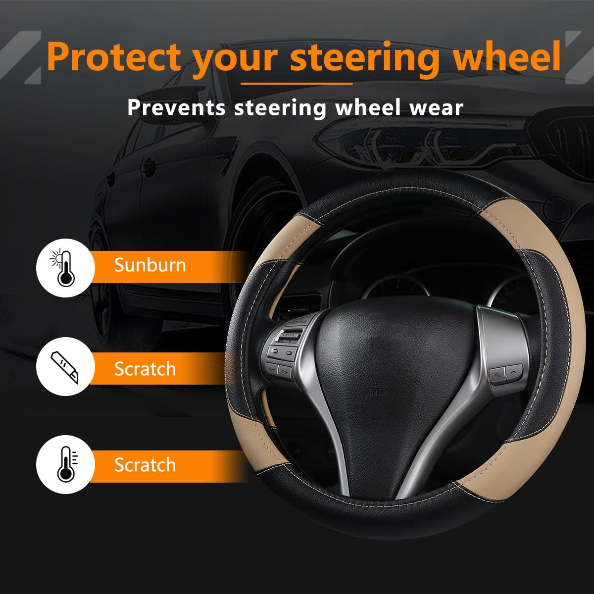 Leather Car Steering Wheel Cover, Non-Slip Car Wheel Cover Protector Breathable Microfiber Leather Universal Fit for Most Cars(Beige) - Image 4