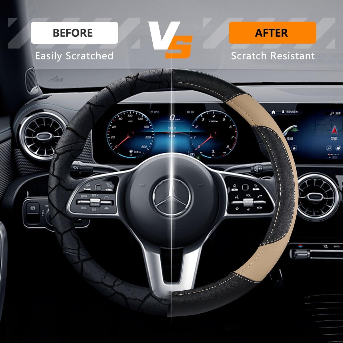 Leather Car Steering Wheel Cover, Non-Slip Car Wheel Cover Protector Breathable Microfiber Leather Universal Fit for Most Cars(Beige) - Image 5