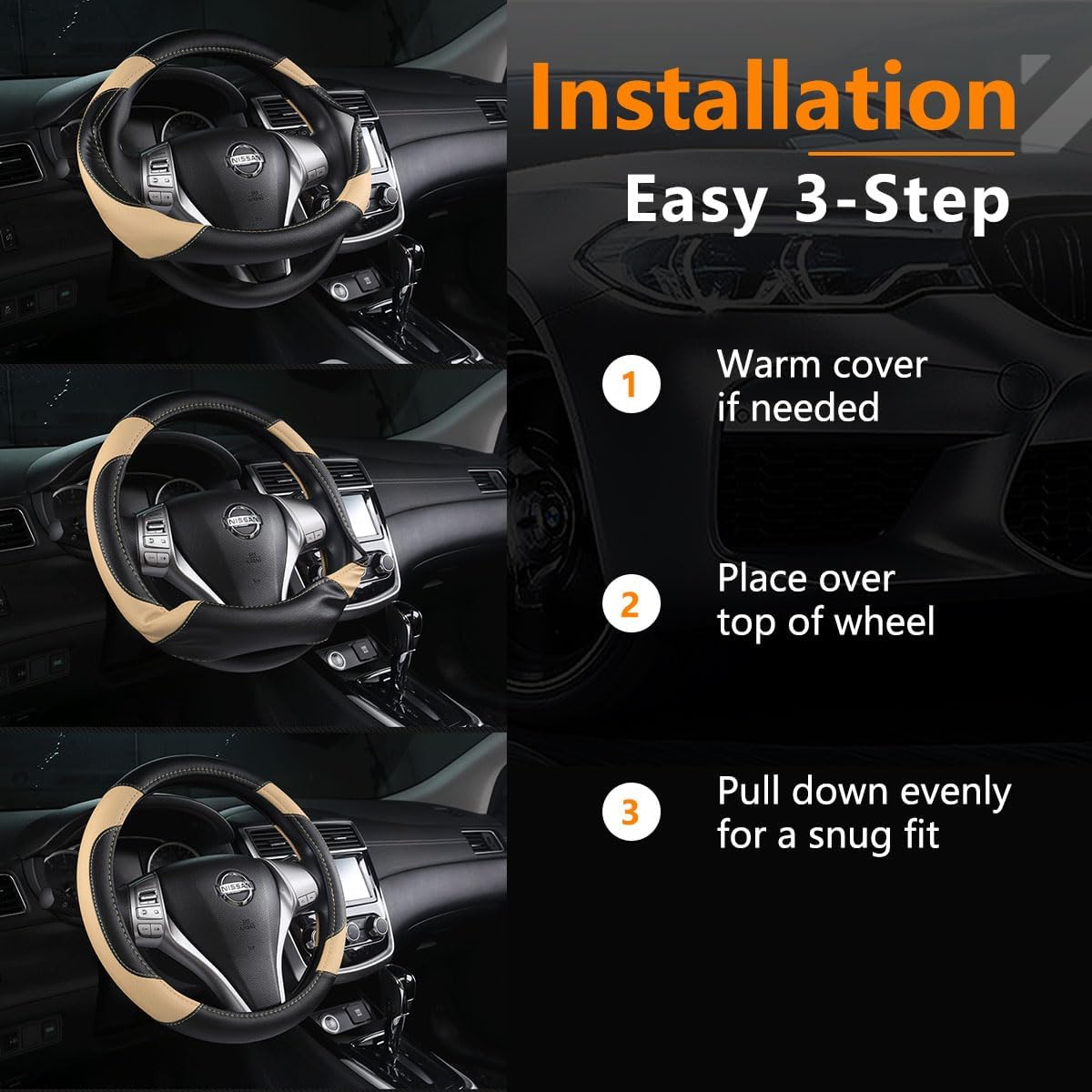 Leather Car Steering Wheel Cover, Non-Slip Car Wheel Cover Protector Breathable Microfiber Leather Universal Fit for Most Cars(Beige) - Image 6