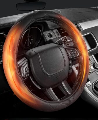 Heated Steering Wheel Cover: 3-Min 12V Quick Heating Leather with Overheat Protection, Non-Slip Grip – Fits 14.5”-15.25” Wheels for Cars, SUVs(12V-Black)