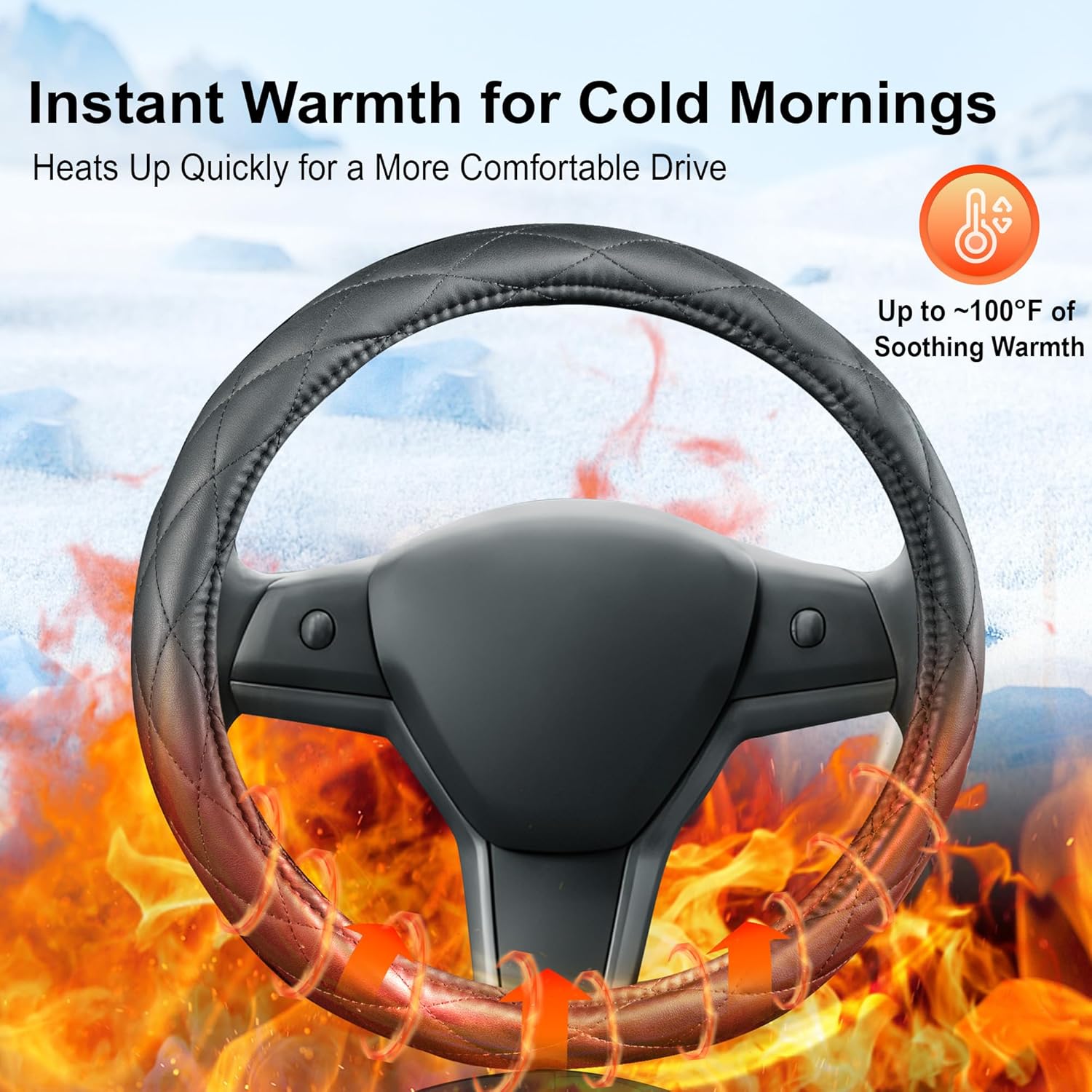 Heated Steering Wheel Cover: 3-Min 12V Quick Heating Leather with Overheat Protection, Non-Slip Grip – Fits 14.5”-15.25” Wheels for Cars, SUVs(12V-Black) - Image 2
