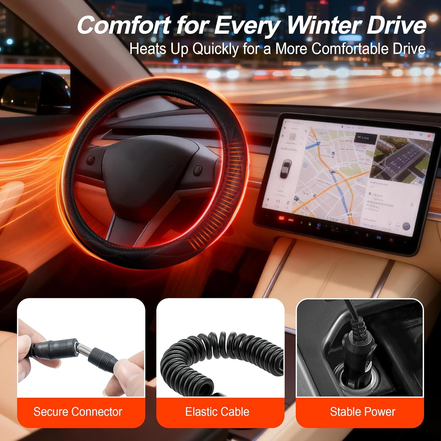 Heated Steering Wheel Cover: 3-Min 12V Quick Heating Leather with Overheat Protection, Non-Slip Grip – Fits 14.5”-15.25” Wheels for Cars, SUVs(12V-Black) - Image 4