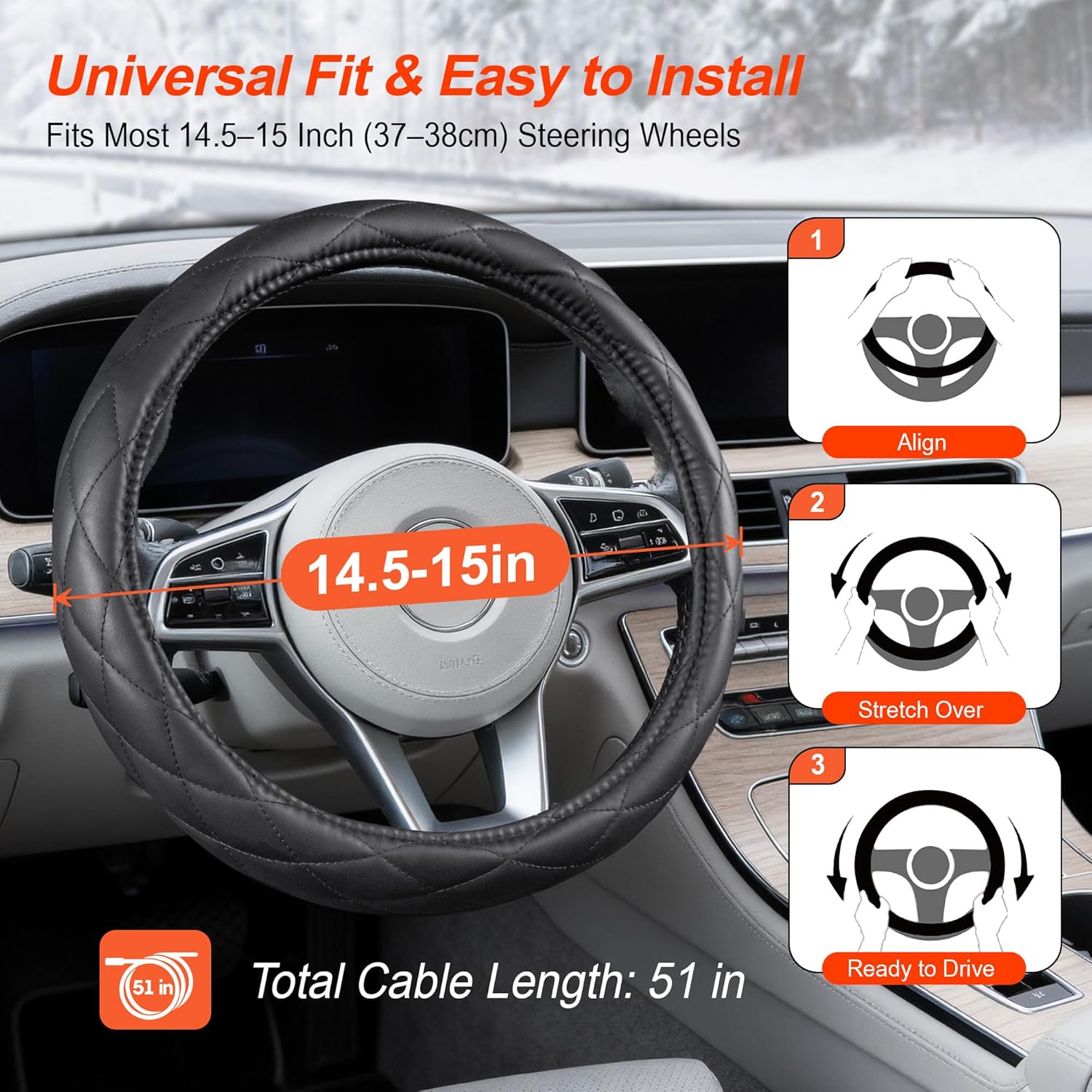 Heated Steering Wheel Cover: 3-Min 12V Quick Heating Leather with Overheat Protection, Non-Slip Grip – Fits 14.5”-15.25” Wheels for Cars, SUVs(12V-Black) - Image 8
